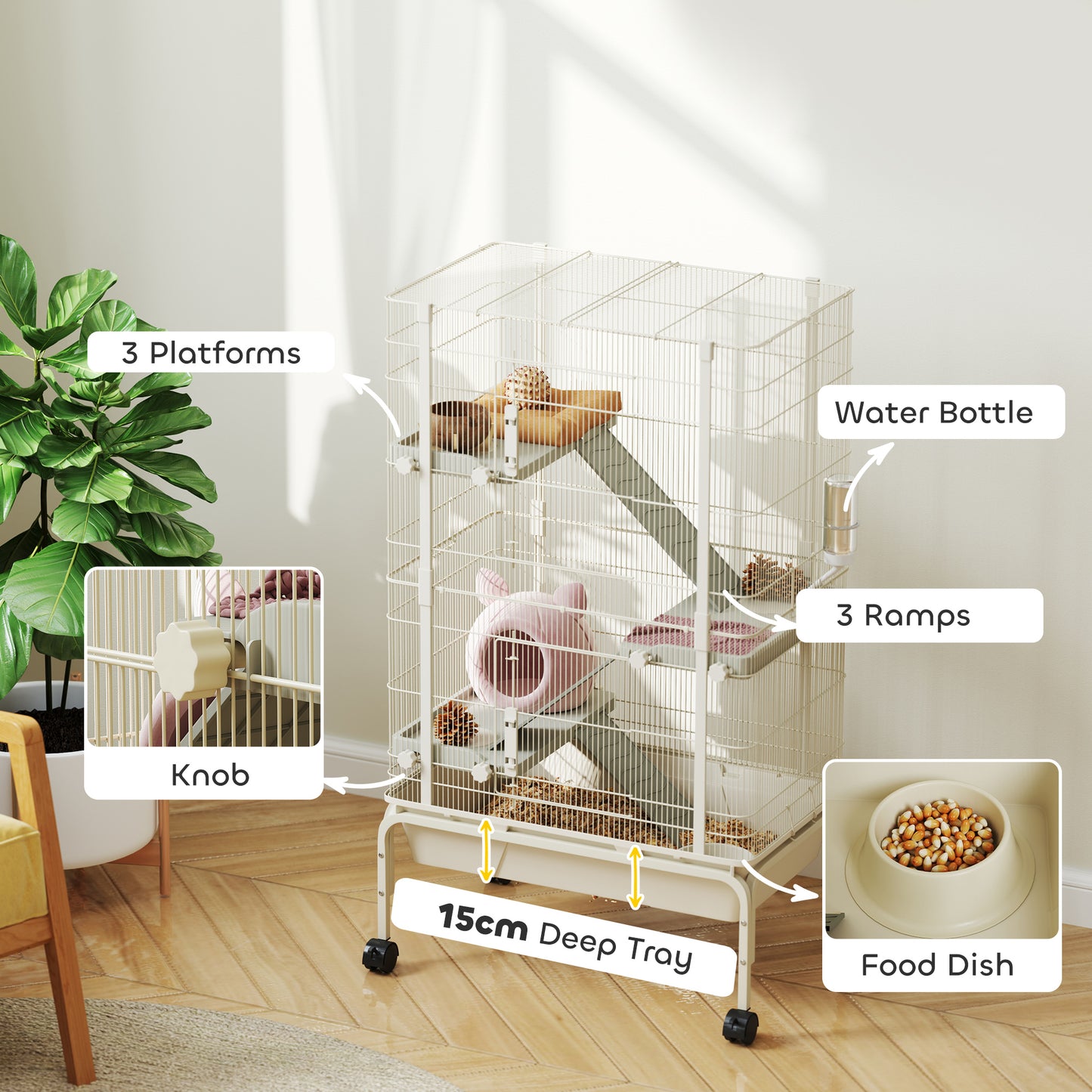 4-Level Rolling Small Animal Cage, Rabbit Cage with 15cm Deep Bottom