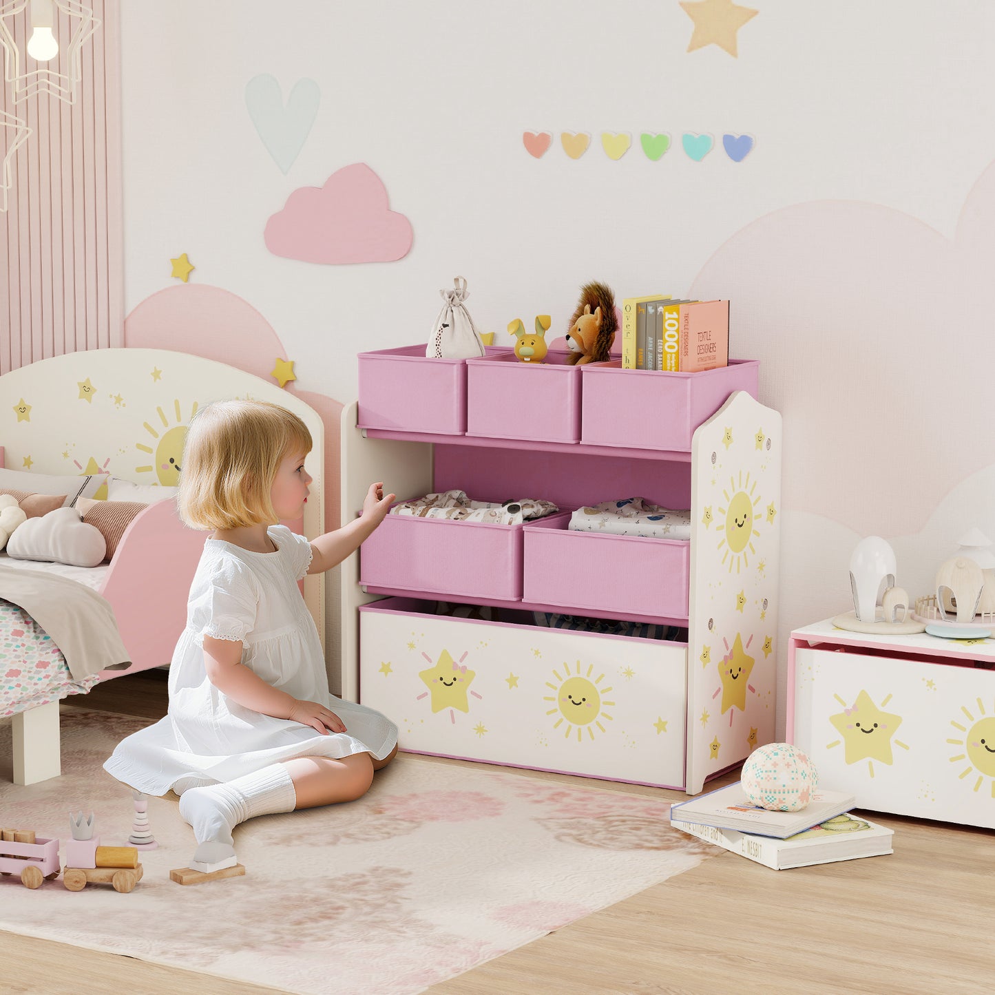 3-Tier Kids Storage Shelf with 6 Removable Fabric Boxes, Pink