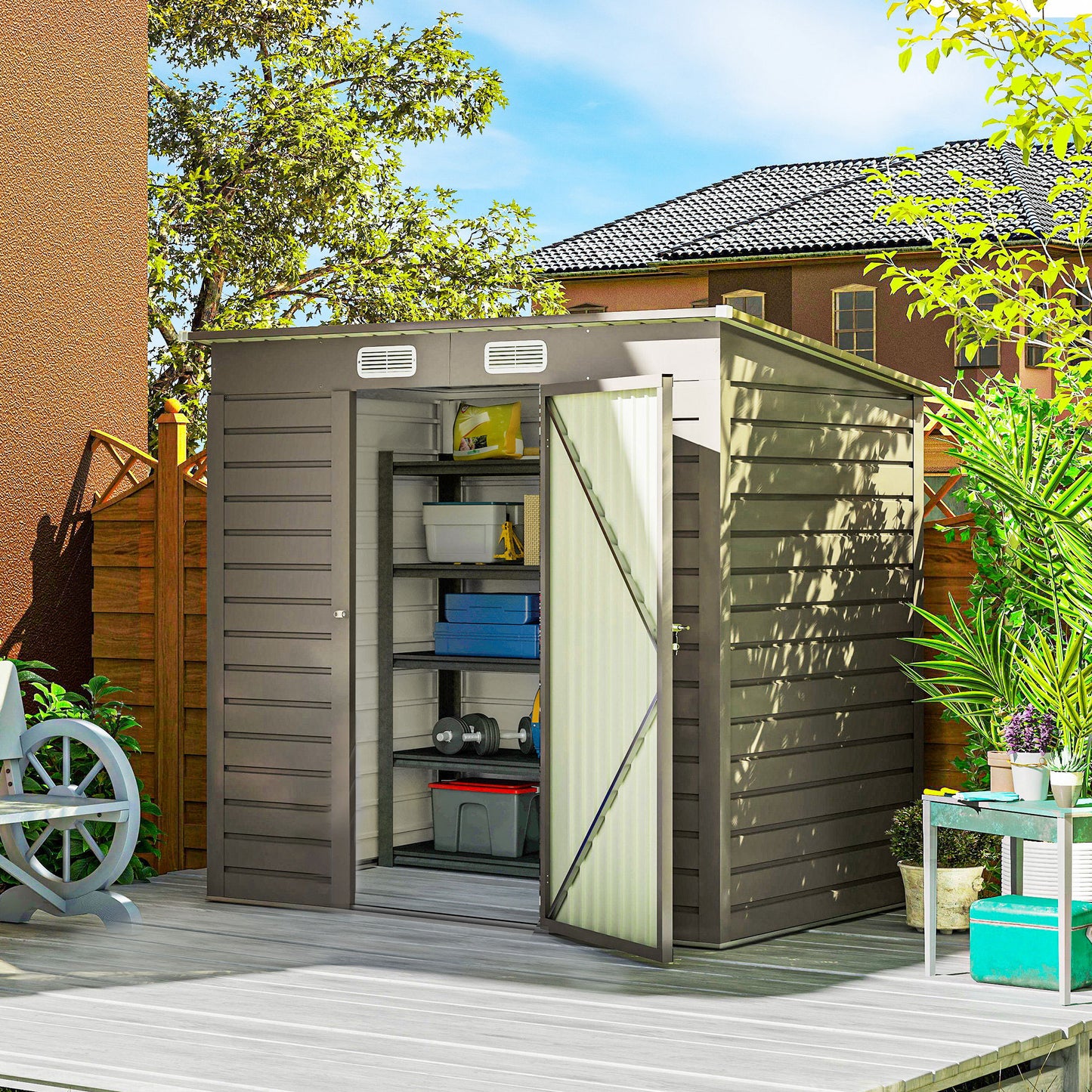 6 x 4FT Galvanised  Metal Garden Shed with Lockable Door, Grey