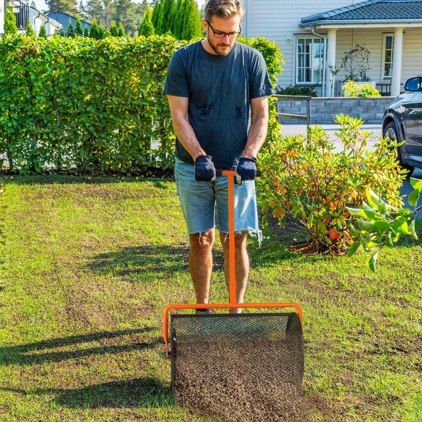 Compost Spreader, 24" Garden Spreader w/ Height Adjustable Handle