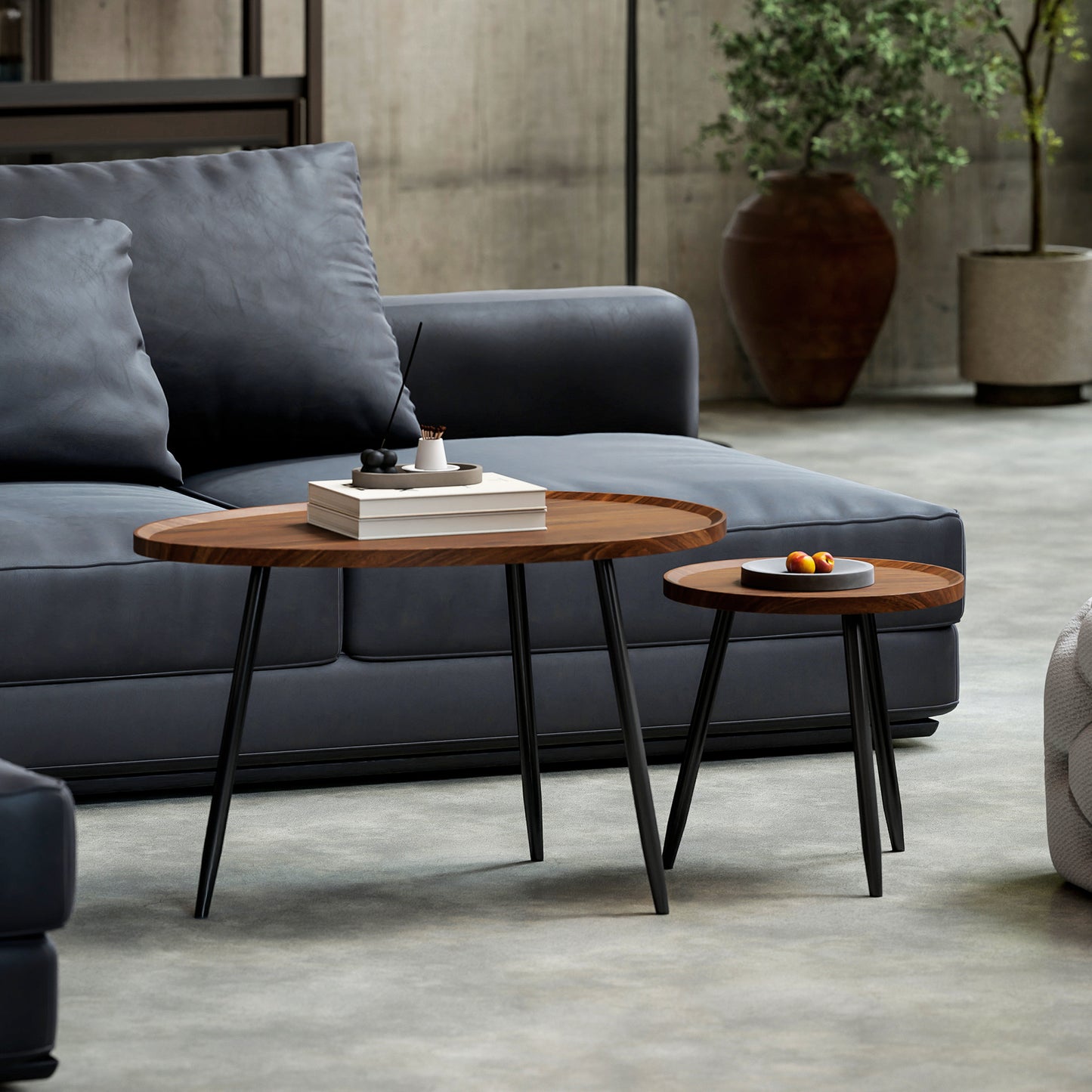 2 80cm Sofa Side Table Set of 2 with Metal Legs, Chestnut Wood Effect