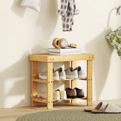3-Tier Bamboo Shoe Bench with 2 Shelves for Entryway, Wood Finish
