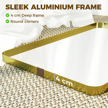 Wall Mirror with Elevated Aluminium Alloy Frame, 60 x 90 cm Bathroom Mirror with Tempered Glass for Living Room, Bedroom, Hallway, Gold Tone