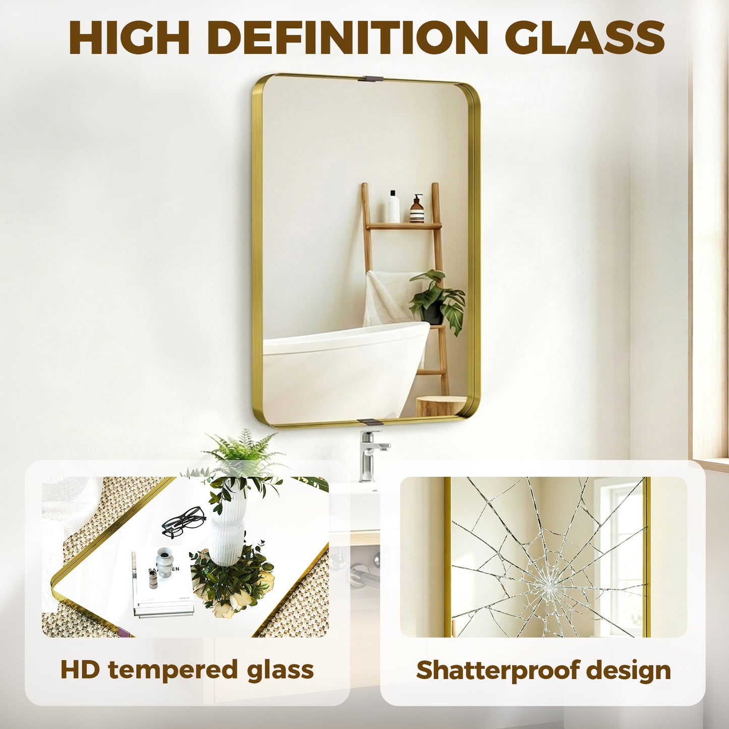 Wall Mirror with Elevated Aluminium Alloy Frame, 60 x 90 cm Bathroom Mirror with Tempered Glass for Living Room, Bedroom, Hallway, Gold Tone
