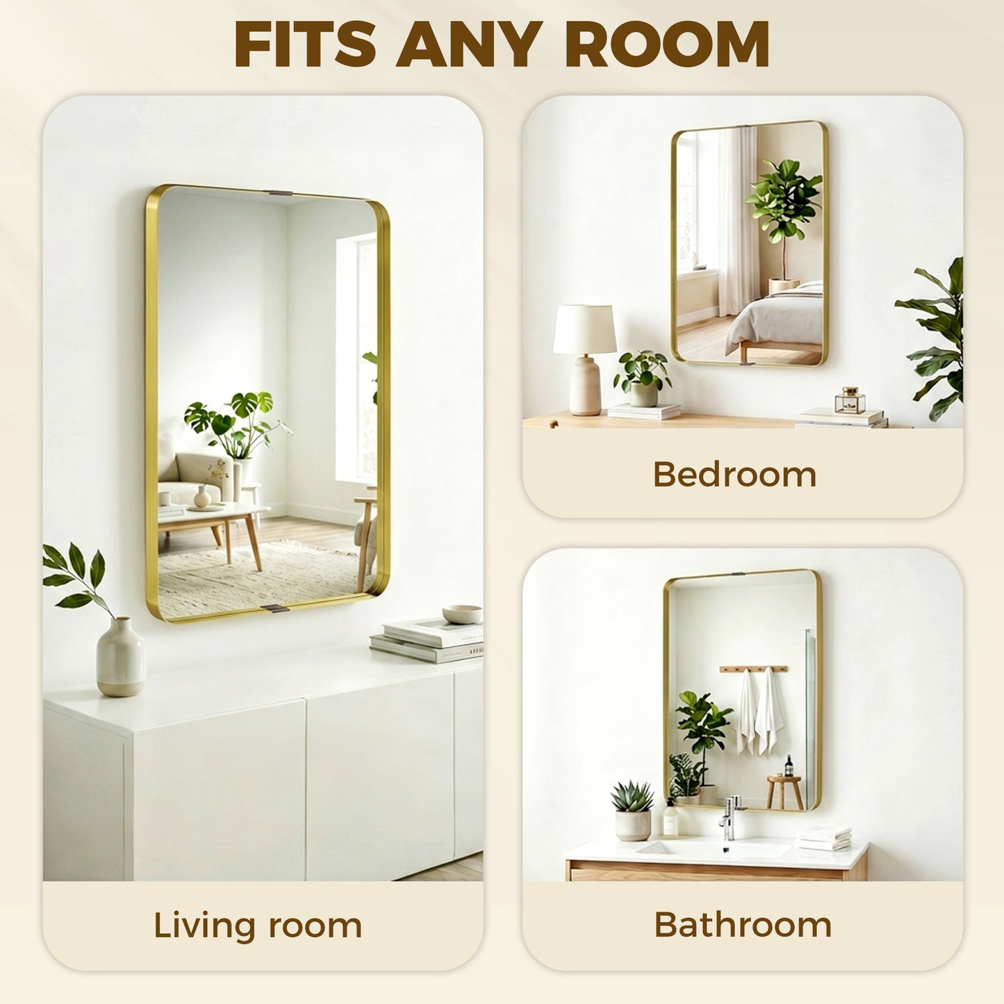 Wall Mirror with Elevated Aluminium Alloy Frame, 60 x 90 cm Bathroom Mirror with Tempered Glass for Living Room, Bedroom, Hallway, Gold Tone