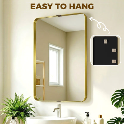 Wall Mirror with Elevated Aluminium Alloy Frame, 60 x 90 cm Bathroom Mirror with Tempered Glass for Living Room, Bedroom, Hallway, Gold Tone