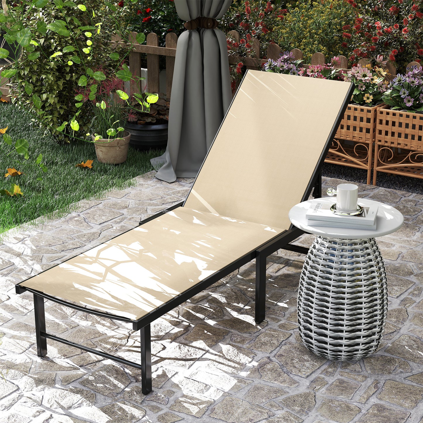 Sun Lounger, 5-Level Reclining Sunbed, Khaki