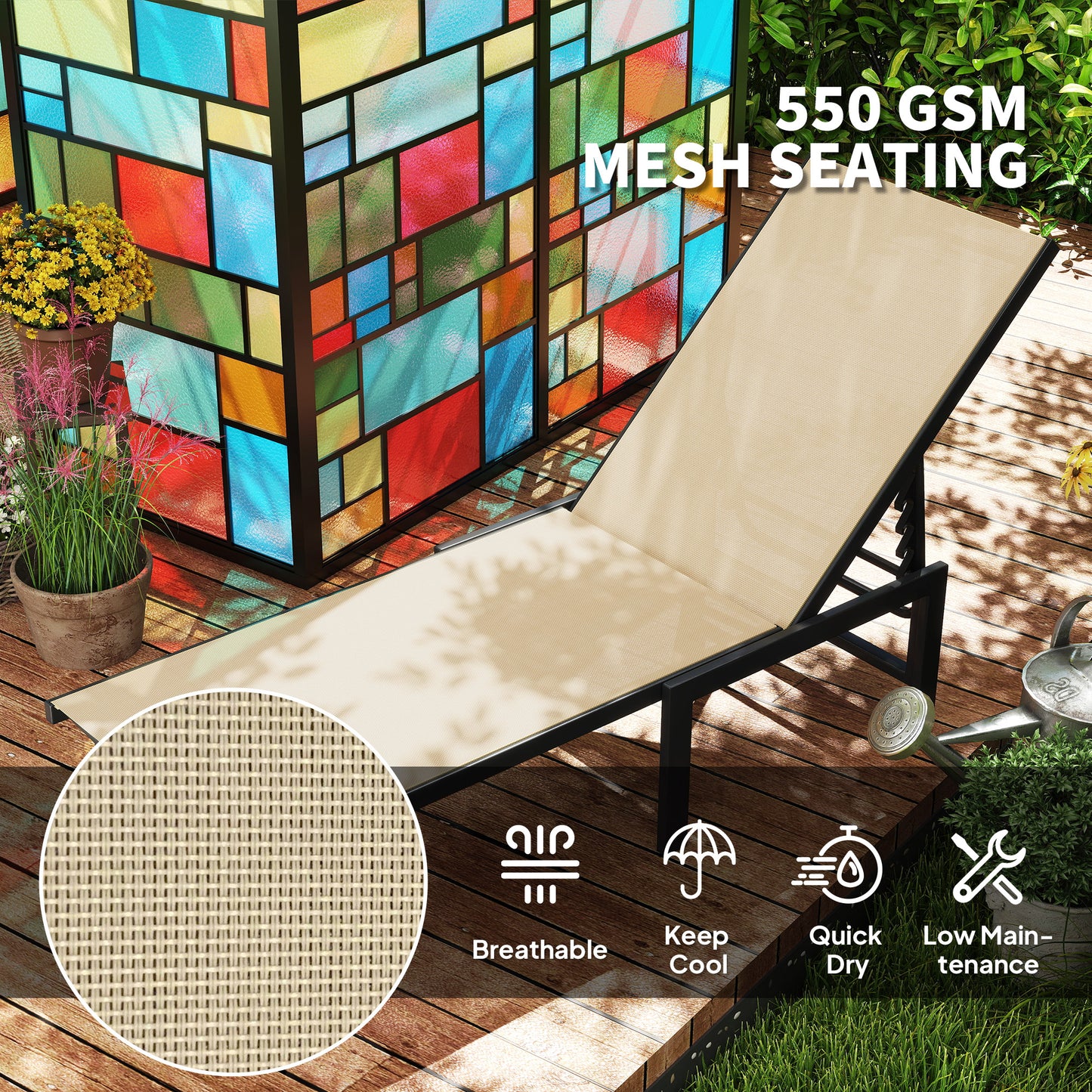 Sun Lounger, 5-Level Reclining Sunbed, Khaki