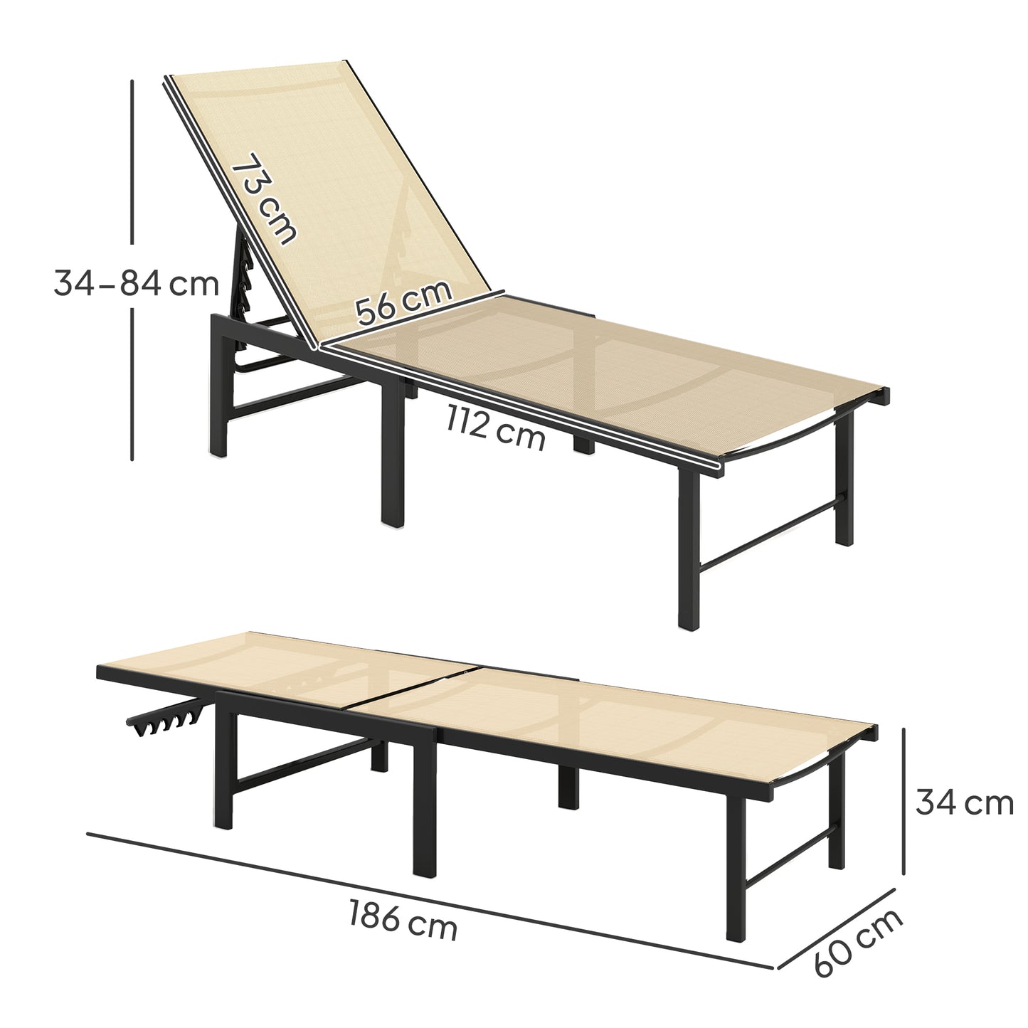 Sun Lounger, 5-Level Reclining Sunbed, Khaki