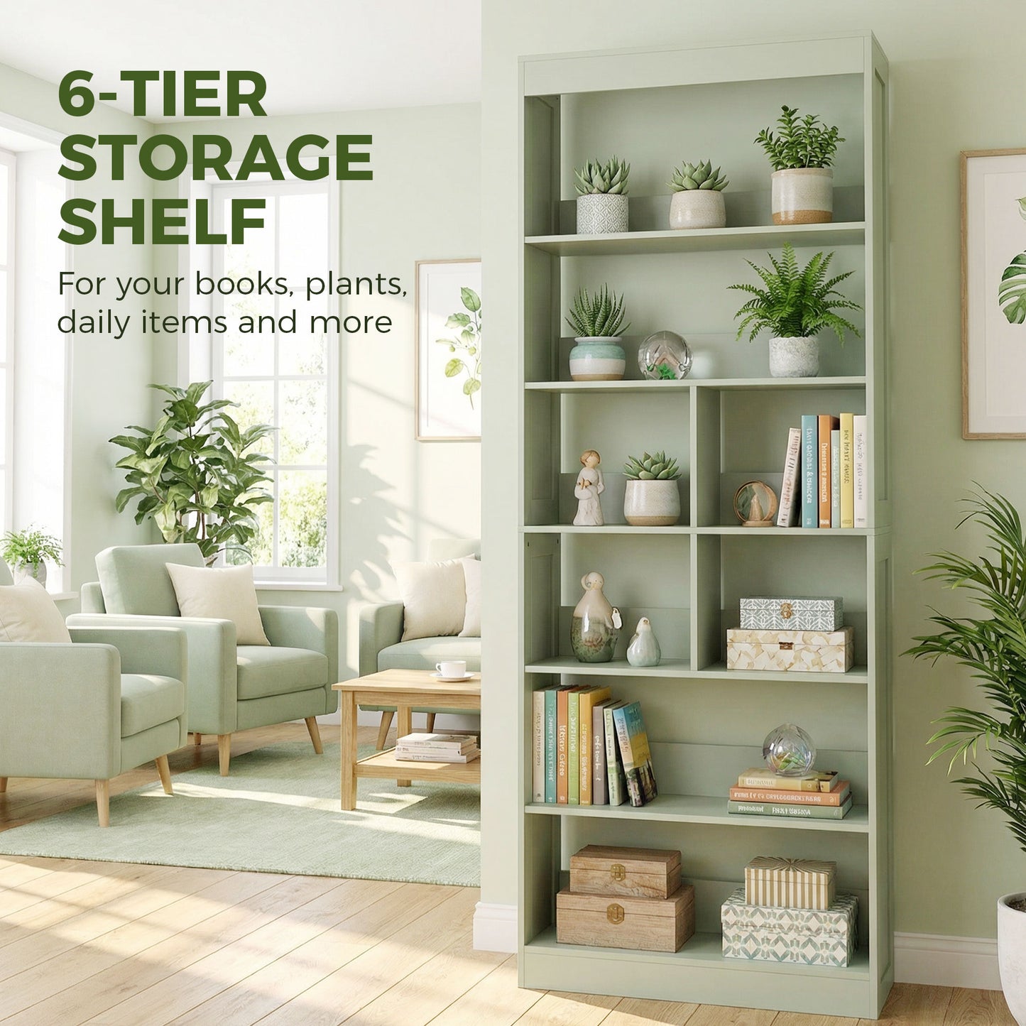 Bookcase, 6-Tier Bookshelf with 4 Open Storage Shelves, 4 Cubes, 68 x 24 x 180 cm Tall Display Shelf with Anti-Tipping Design for Living Room, Bedroom, Study, Green