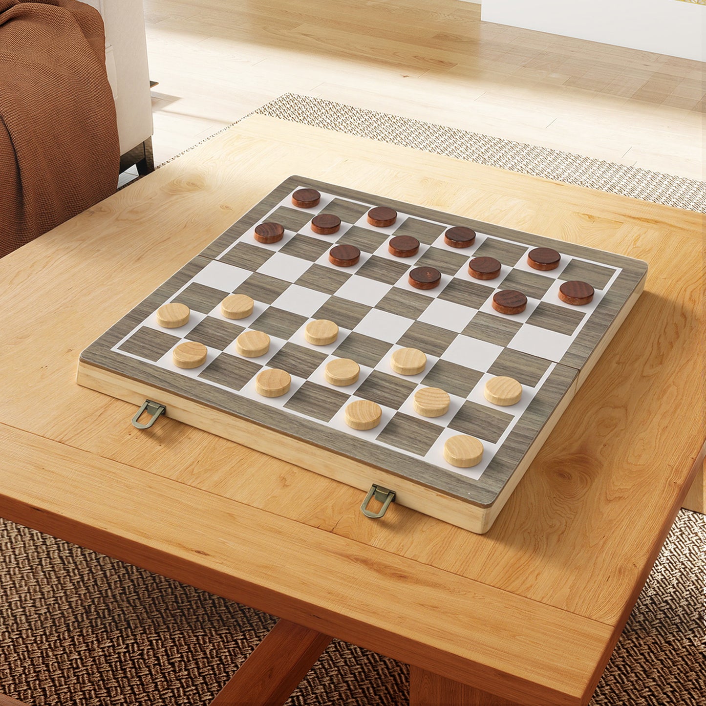 15 Inch Chess Set, Foldable Chess and Draughts Set, Brown