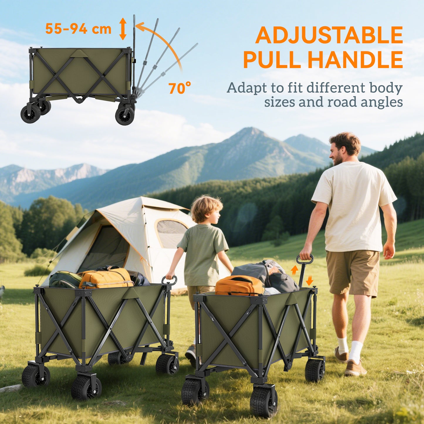 Folding Wagon Garten Cart Collapsible Camping Trolley on Wheels, Green