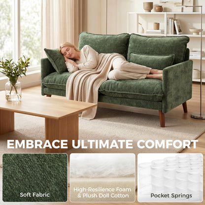 2 Seater Sofa, 131cm Velvet-Feel Fabric Loveseat Sofa with Spring Cushions, Wide and Deep Seat, Wood Legs, 2 Pillows, Modern Couch Settee for Small Space, Living Room, Bedroom, Office, Green