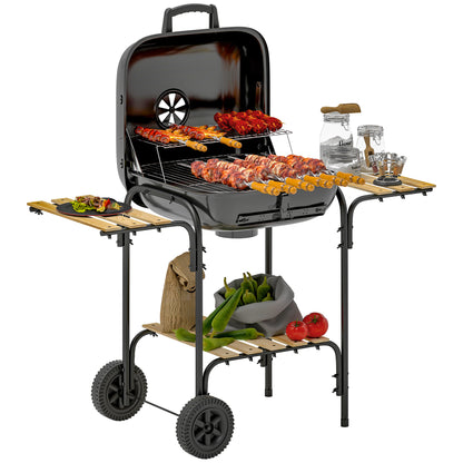 Charcoal Barbecue Grill Portable BBQ with Lockable Lid, Vent, Black