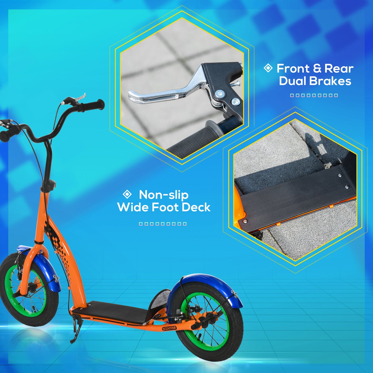 Kids Kick Scooter, Push Scooter, Adjustable Height, Front Rear Dual Brakes, 12-Inch Inflatable Rubber Wheels, for 5+ Years, Orange