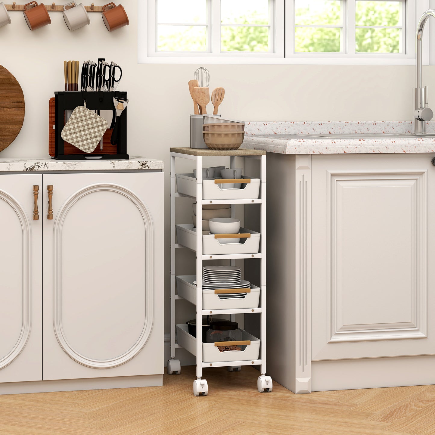 Kitchen Storage Trolley Mobile Utility Cart for Kitchen Office White