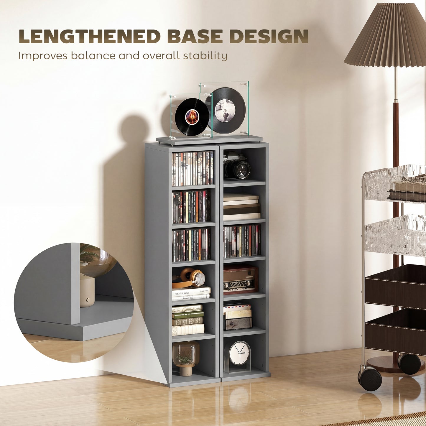 Set of 2 CD Storage Unit DVD Shelf with Adjustable Shelves Light Grey