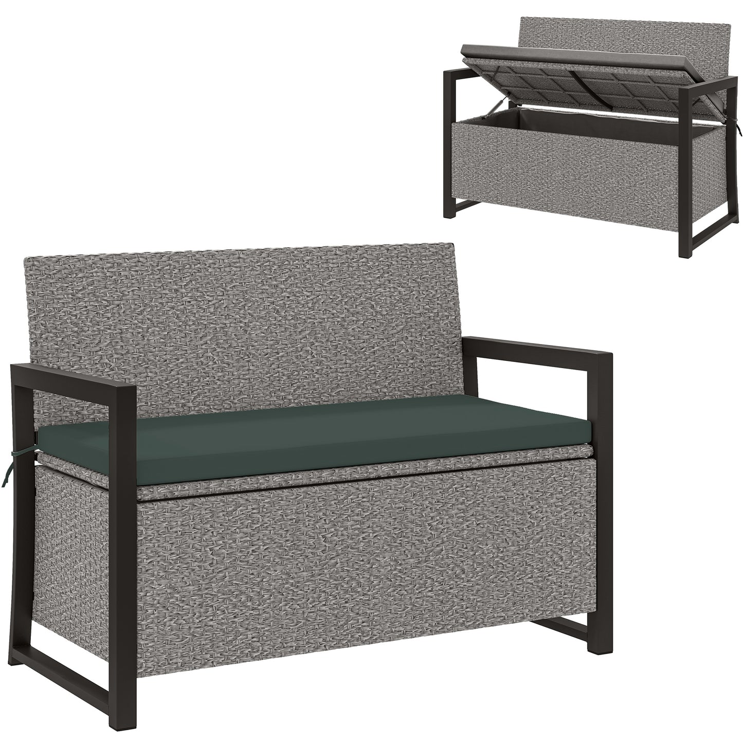 Rattan Garden Bench with Storage, Inner Bag, 151.5L Outdoor Bench