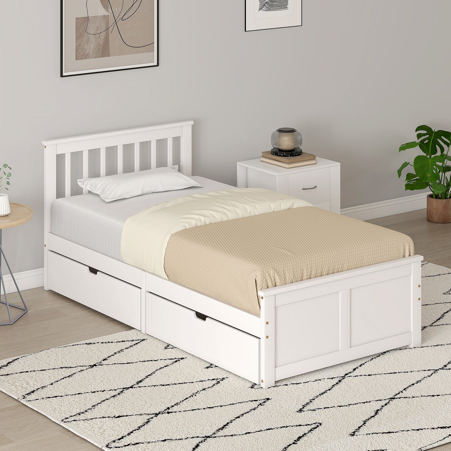 Wooden Single Storage Bed with 2 Drawers, Pine Wood Bed Frame, 90 x 190 cm, White