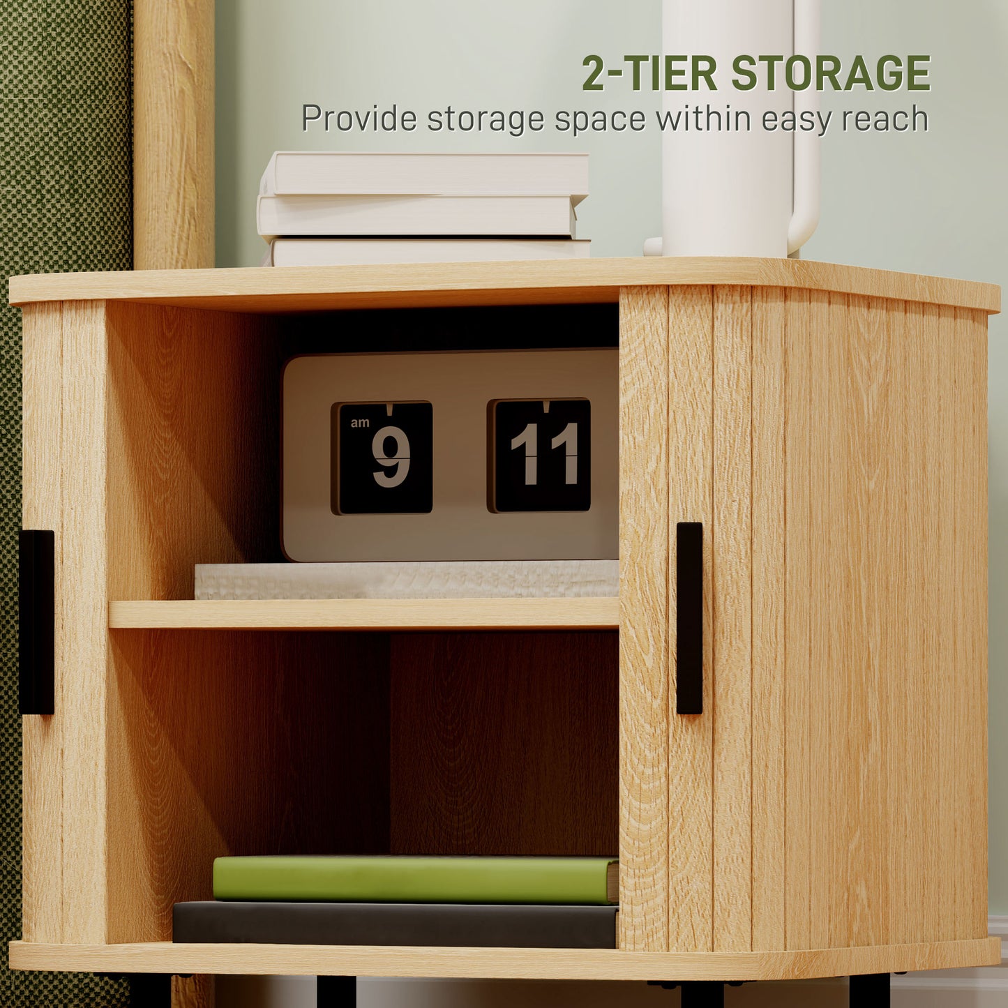 Nightstand with Sliding Doors and Metal Legs for Bedroom Oak Tone