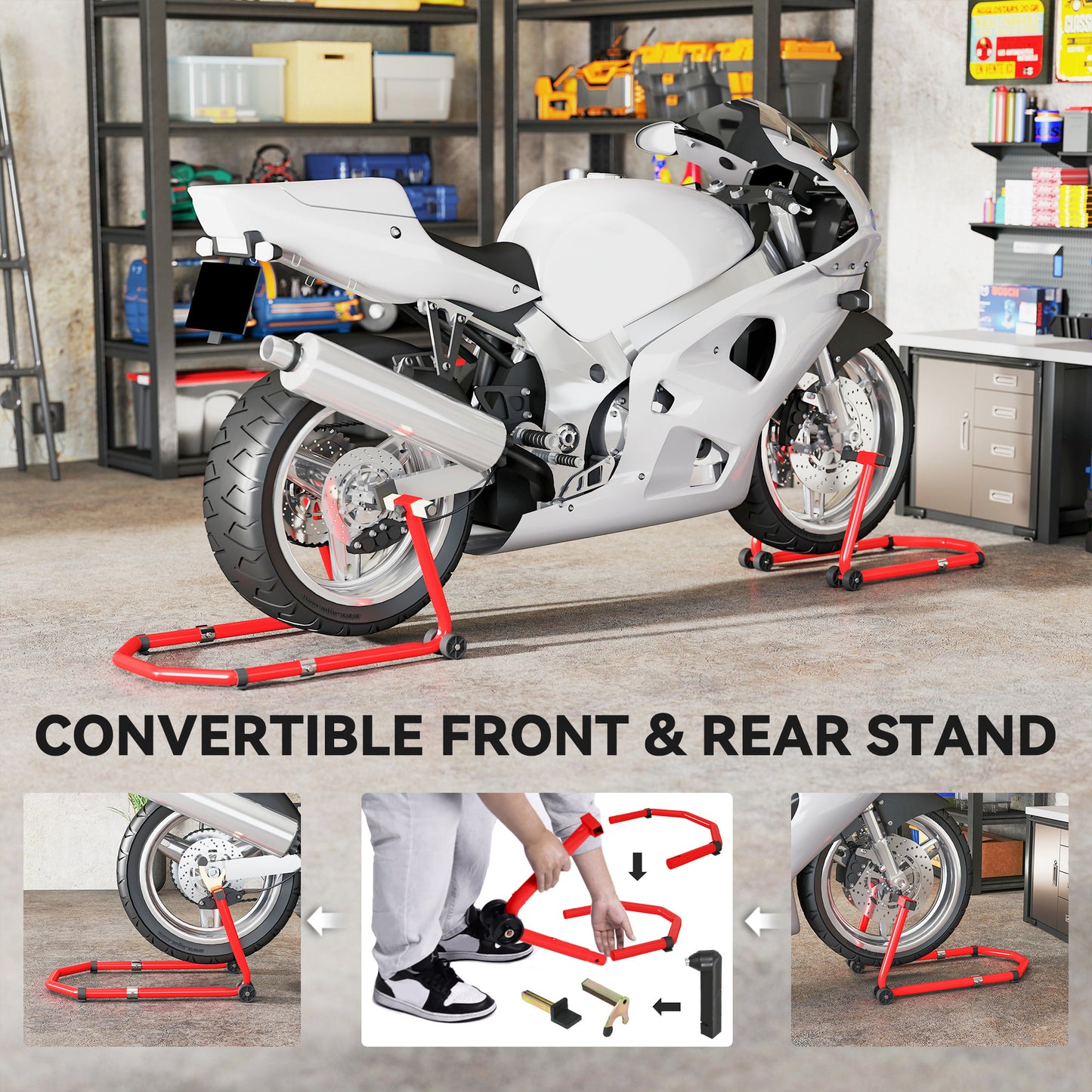 Motorcycle Stand, 390 kg Front/Rear Paddock Stand, Red