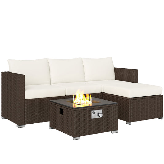 4 Seater Rattan Sofa Set with Footstool Thick Cushions Brown Cream