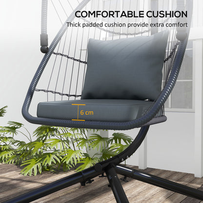 Outdoor PE Rattan Swing Chair with Cushion, Foldable Basket Patio Hanging Chair w/ Metal Stand, Rotation Spring Hook, Basket Height