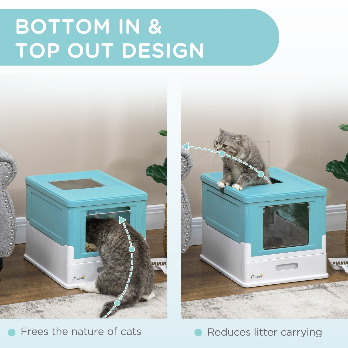Hooded Cat Litter Box, Pet Toilet w/ Scoop, Tray - Light Blue