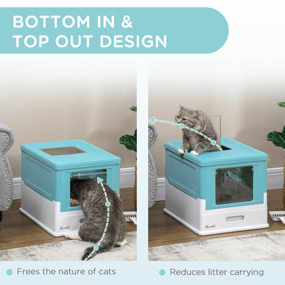 Hooded Cat Litter Box, Pet Toilet w/ Scoop, Tray - Light Blue