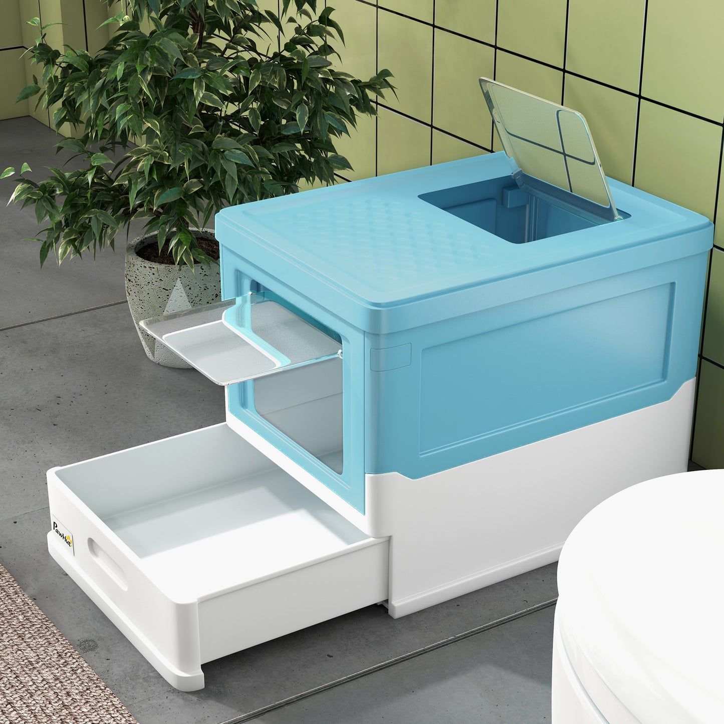 Hooded Cat Litter Box, Pet Toilet w/ Scoop, Tray - Light Blue