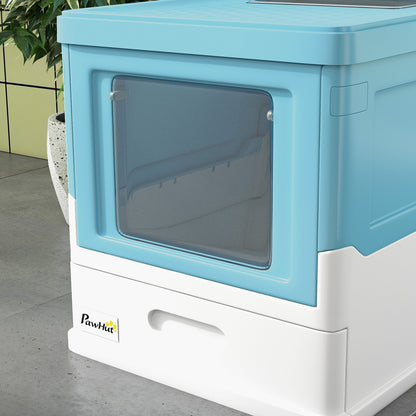 Hooded Cat Litter Box, Pet Toilet w/ Scoop, Tray - Light Blue