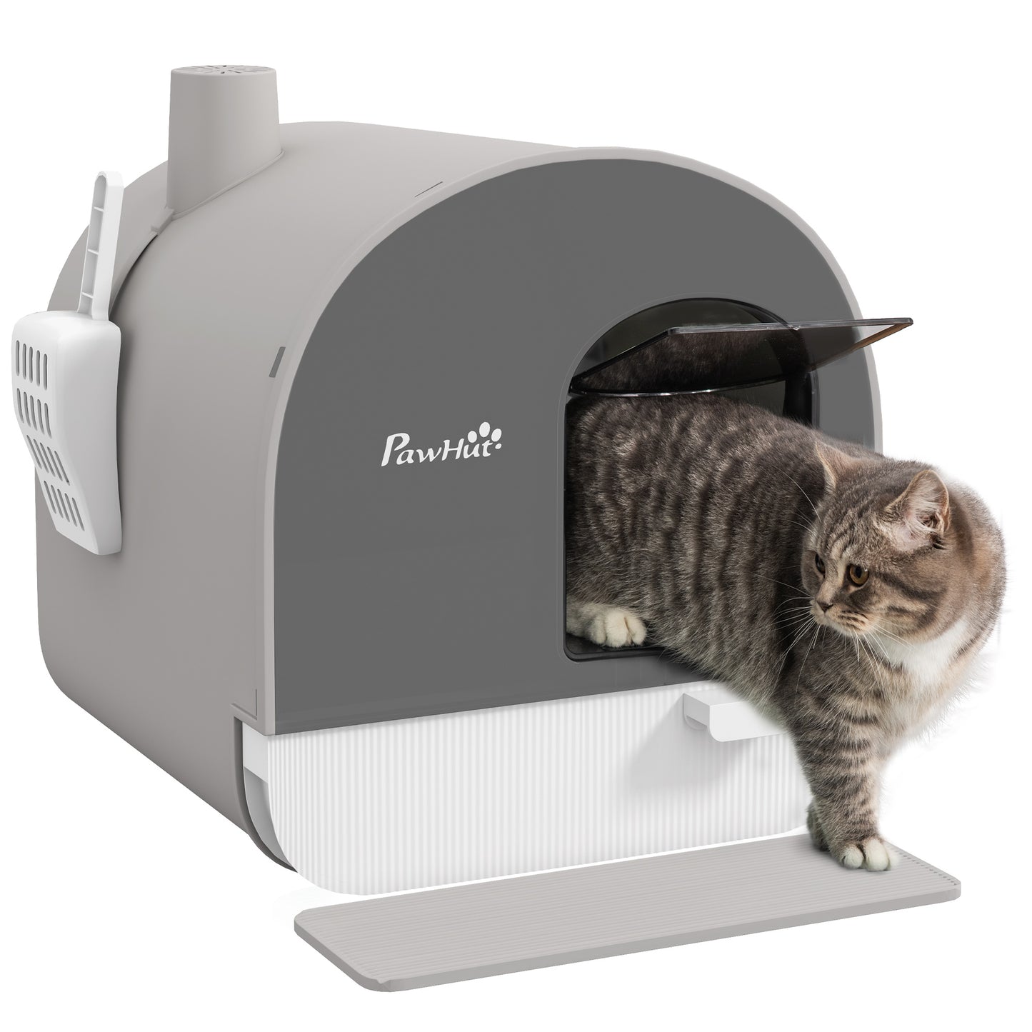 Cat Litter Box Kitten Litter Tray w/ Lid, Scoop, Filter, Flap Door, Grey