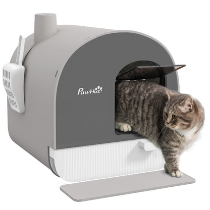Cat Litter Box Kitten Litter Tray w/ Lid, Scoop, Filter, Flap Door, Grey