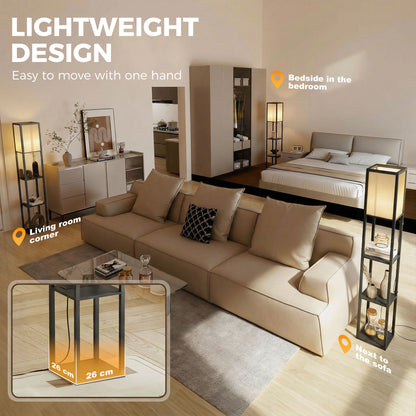3-Tier Floor Lamp with Shelves and Storage, Modern Corner Standing Lamp with Lampshade, Reading Light with Foot Switch for Living Room, Bedroom, Home Office, LED Bulb Included, Black