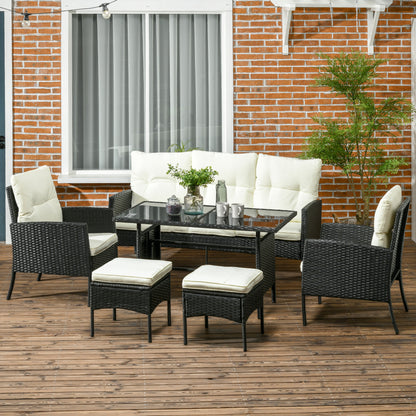 5 Seater Rattan Garden Furniture Set Wicker Armchairs Footstools and Glass Table Patio Rattan  Sets with Cushions, Black