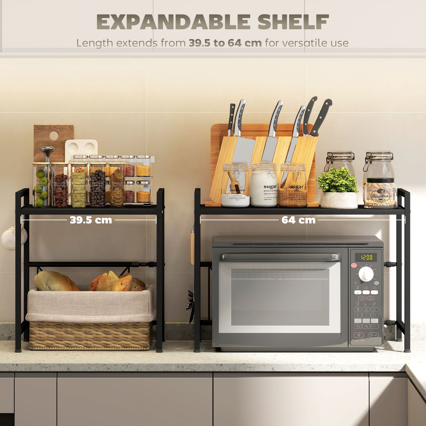 2-Tier Expandable Microwave Oven Rack with 3 Hooks, Black