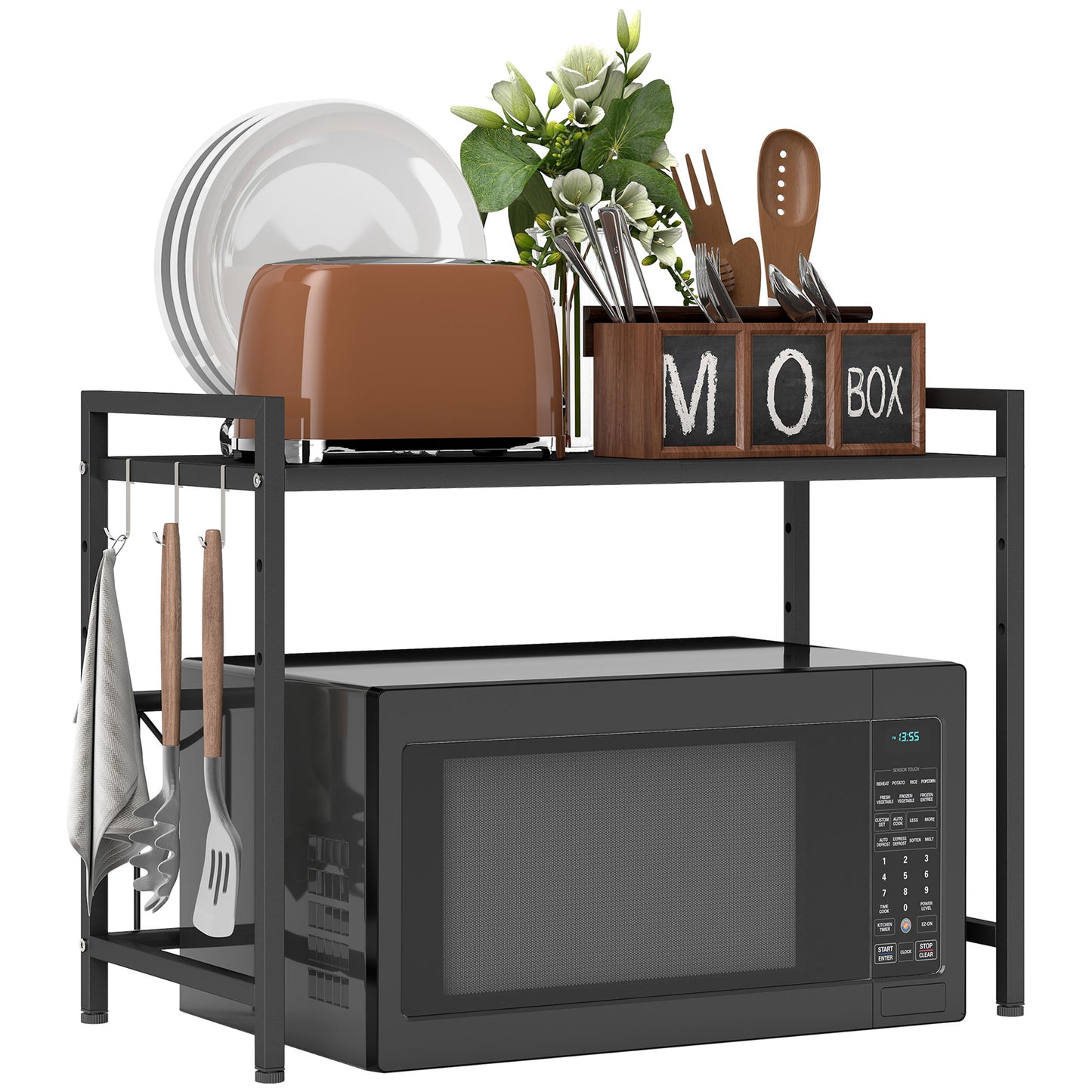 2-Tier Expandable Microwave Oven Rack with 3 Hooks, Black