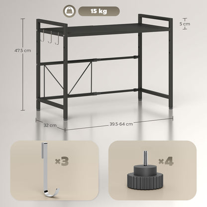 2-Tier Expandable Microwave Oven Rack with 3 Hooks, Black