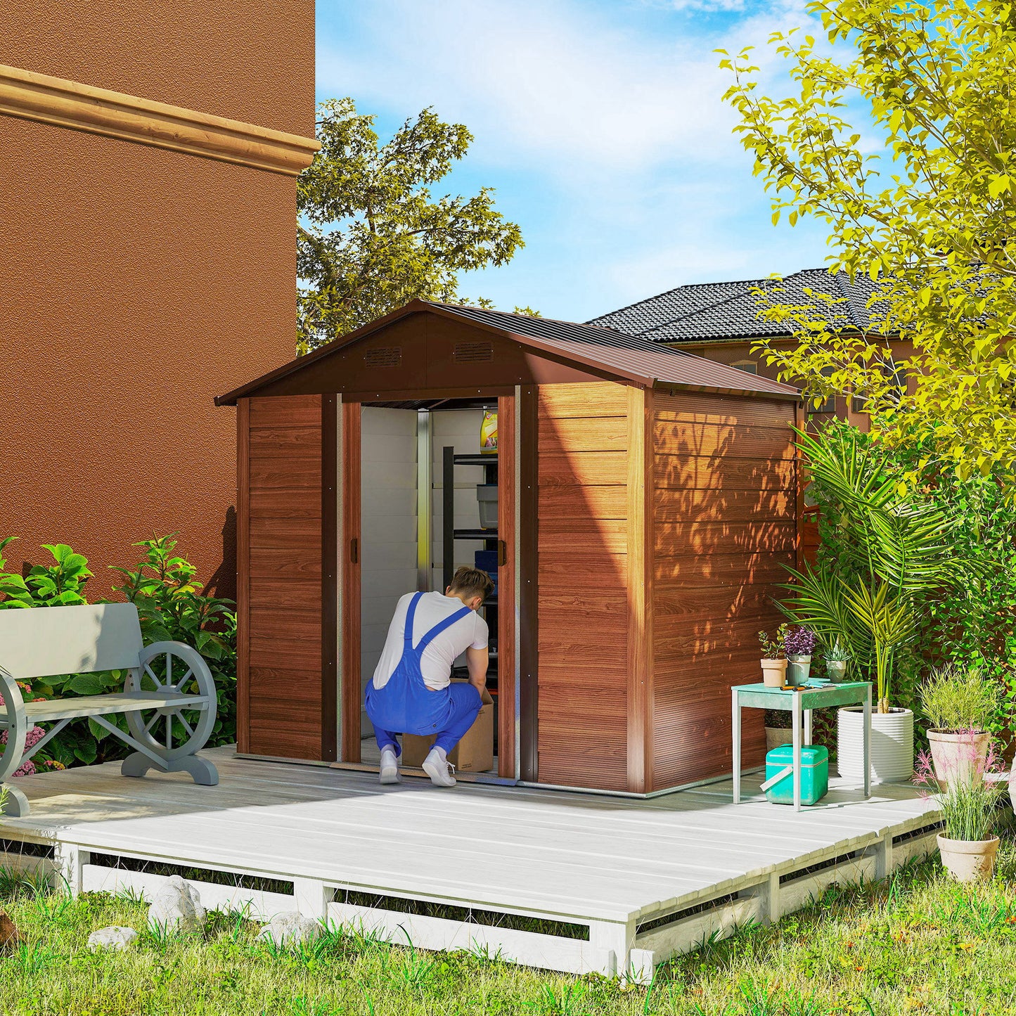 7.7x6.4ft Garden Shed, Tool Storage Sliding Door Wood Effect