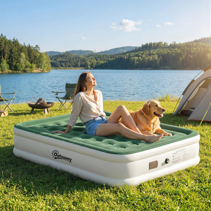 Inflatable Mattress, Double Air Bed with Built-in Pump, Dark Green