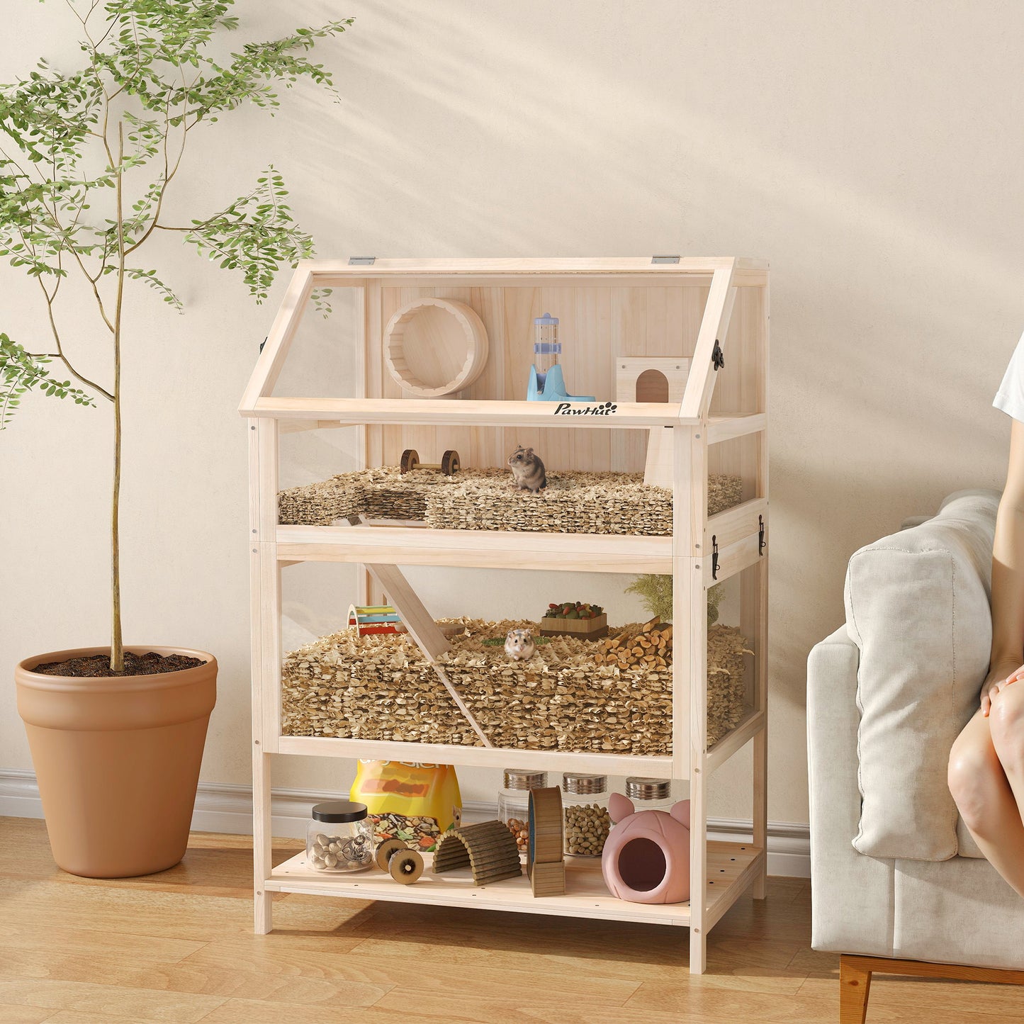 Wooden 3 Tier Hamster Cage with Storage Shelf for Dwarf, Gerbil
