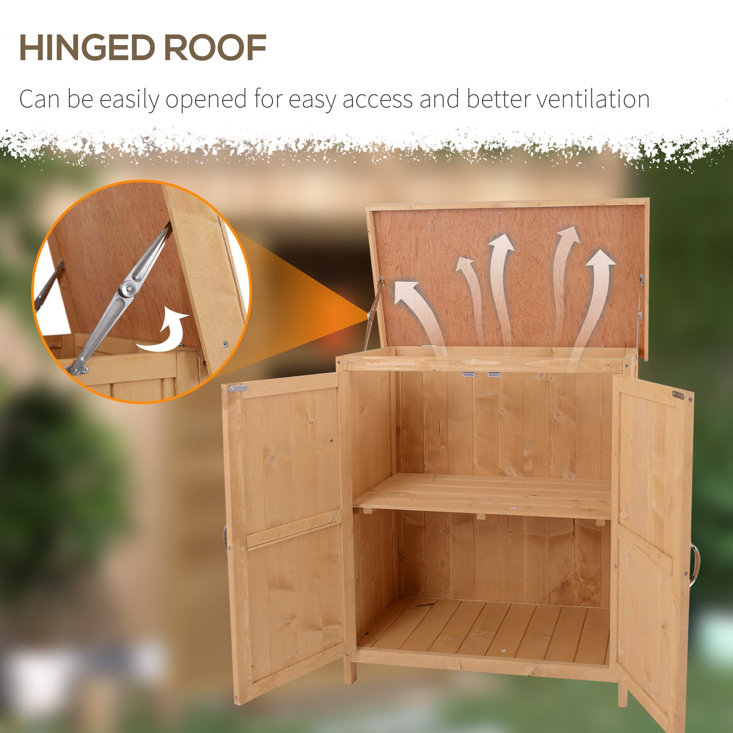 Wooden Garden Storage Shed with Hinged Roof and Shelves, Outdoor Storage Cabinet Chest, Double Doors
