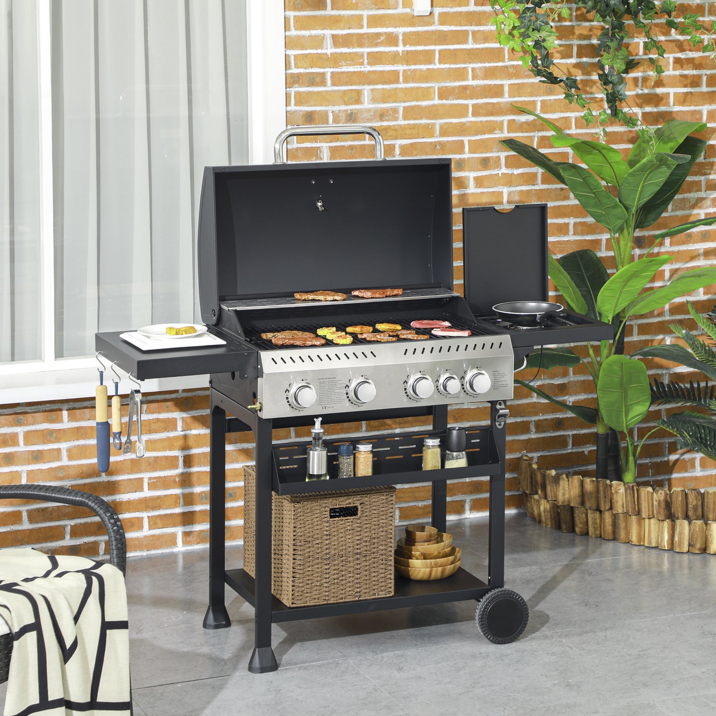 Galvanised Steel 4+1 Gas Burner BBQ Grill Trolley, Black