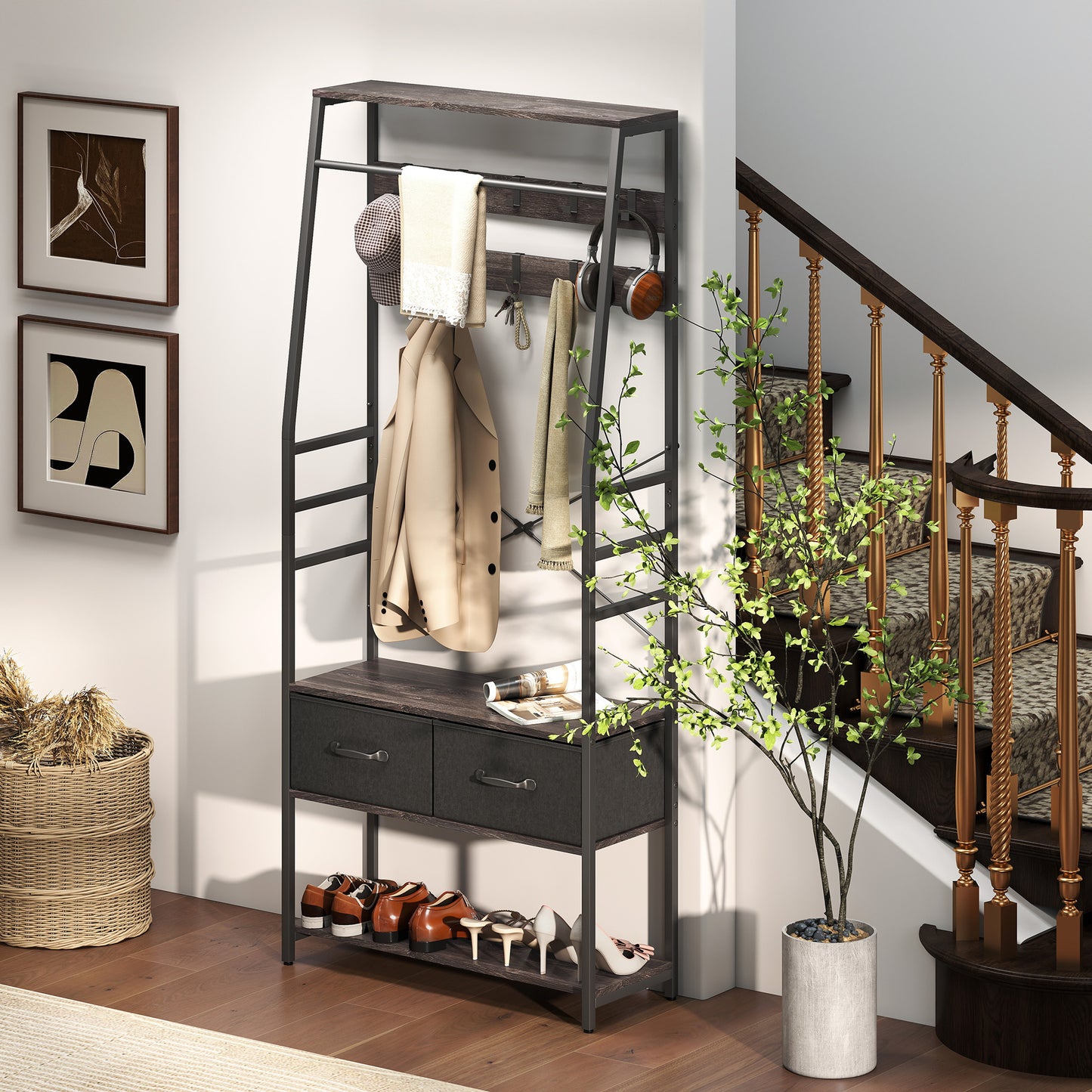Coat Rack with Shoe Storage, Bench and 10 Hooks, Grey