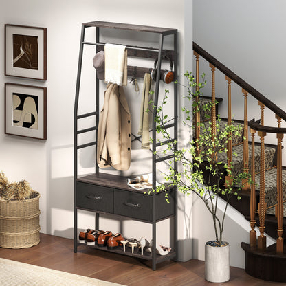 Coat Rack with Shoe Storage, Bench and 10 Hooks, Grey