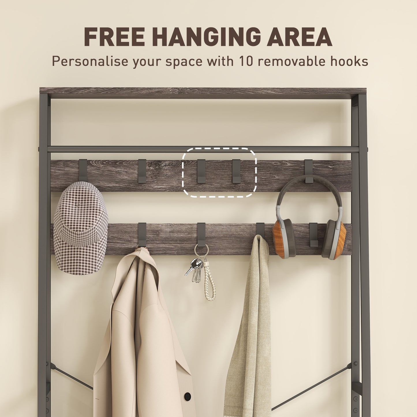 Coat Rack with Shoe Storage, Bench and 10 Hooks, Grey