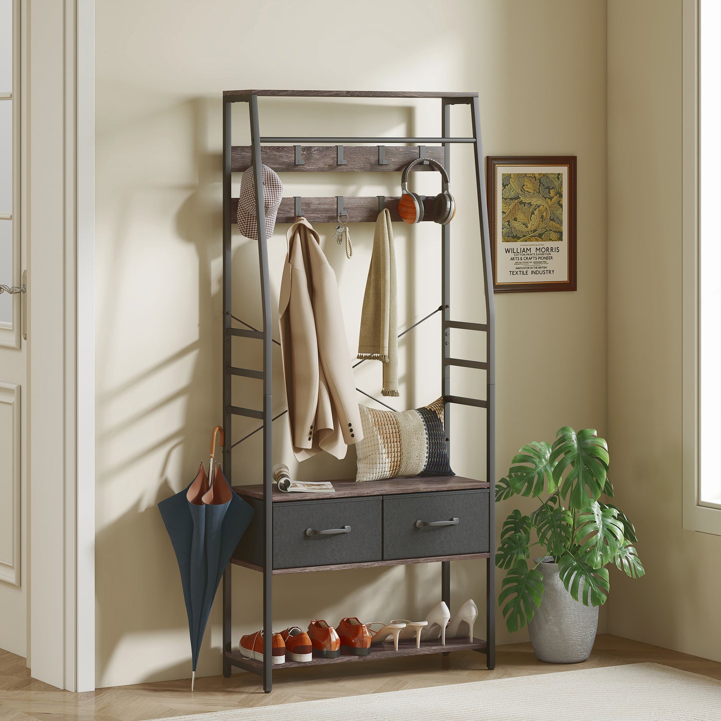 Coat Rack with Shoe Storage, Bench and 10 Hooks, Grey