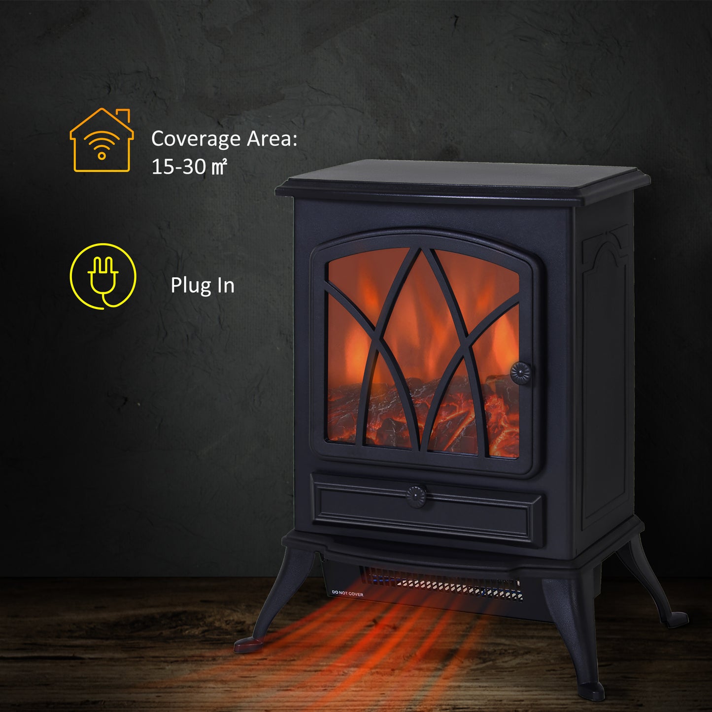 Free Standing Fireplace Flame Effect Electric Heater Log Burning Black