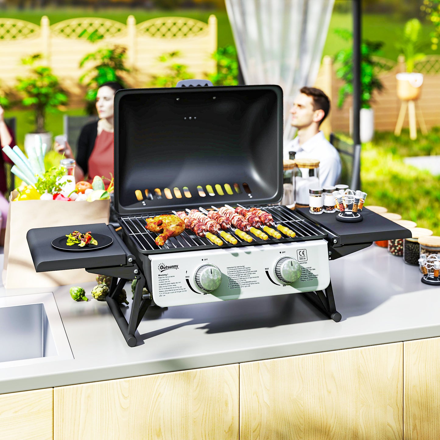 Portable Tabletop Gas Barbecue Grill with Thermometer, Black