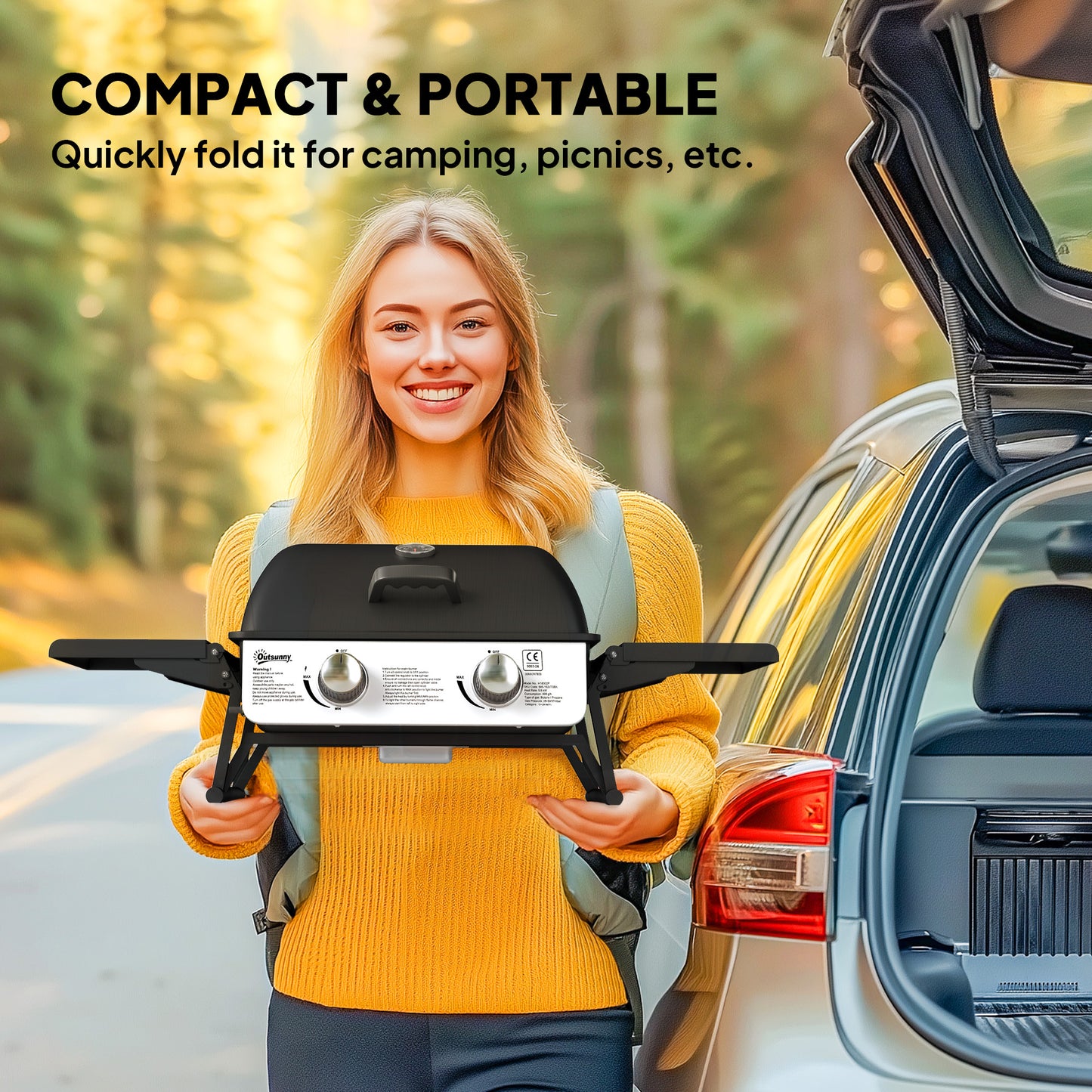 Portable Tabletop Gas Barbecue Grill with Thermometer, Black